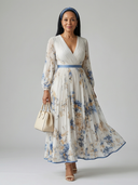 Women's Floral Wrap Midi Dress – V Neck Long Sleeve Accordion Pleated Skirt