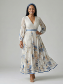 Women's Floral Wrap Midi Dress – V Neck Long Sleeve Accordion Pleated Skirt