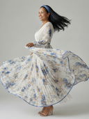 Women's Floral Wrap Midi Dress – V Neck Long Sleeve Accordion Pleated Skirt