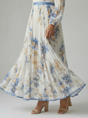 Women's Floral Wrap Midi Dress – V Neck Long Sleeve Accordion Pleated Skirt