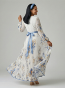 Women's Floral Wrap Midi Dress – V Neck Long Sleeve Accordion Pleated Skirt