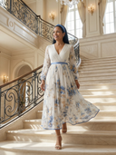 Women's Floral Wrap Midi Dress – V Neck Long Sleeve Accordion Pleated Skirt
