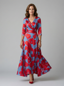 Women's Floral Wrap V Neck Midi – 3/4 Sleeve A-Line Wedding Guest Dress