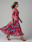 Women's Floral Wrap V Neck Midi – 3/4 Sleeve A-Line Wedding Guest Dress