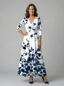 Women's Floral Wrap V Neck Midi – 3/4 Sleeve A-Line Wedding Guest Dress