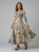 Women's Floral Wrap V Neck Midi – 3/4 Sleeve A-Line Wedding Guest Dress