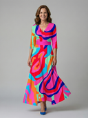 Women's Floral Wrap V Neck Midi – 3/4 Sleeve A-Line Wedding Guest Dress