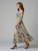Women's Floral Wrap V Neck Midi – 3/4 Sleeve A-Line Wedding Guest Dress