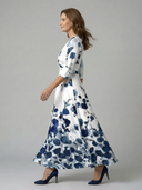 Women's Floral Wrap V Neck Midi – 3/4 Sleeve A-Line Wedding Guest Dress