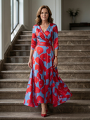 Women's Floral Wrap V Neck Midi – 3/4 Sleeve A-Line Wedding Guest Dress