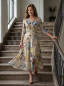 Women's Floral Wrap V Neck Midi – 3/4 Sleeve A-Line Wedding Guest Dress