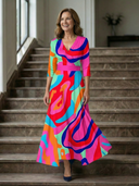 Women's Floral Wrap V Neck Midi – 3/4 Sleeve A-Line Wedding Guest Dress