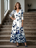 Women's Floral Wrap V Neck Midi – 3/4 Sleeve A-Line Wedding Guest Dress