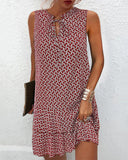 Women's Geo Print Mini – Keyhole Neck Sleeveless Tie Front Ruffle Hem Dress