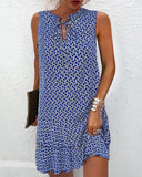 Women's Geo Print Mini – Keyhole Neck Sleeveless Tie Front Ruffle Hem Dress