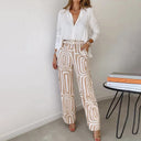 Women's Geo Print Two Piece Set – Long Sleeve Shirt Wide Leg Pants Office Outfit