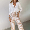 Women's Geo Print Two Piece Set – Long Sleeve Shirt Wide Leg Pants Office Outfit