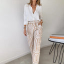 Women's Geo Print Two Piece Set – Long Sleeve Shirt Wide Leg Pants Office Outfit