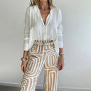 Women's Geo Print Two Piece Set – Long Sleeve Shirt Wide Leg Pants Office Outfit