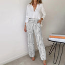 Women's Geo Print Two Piece Set – Long Sleeve Shirt Wide Leg Pants Office Outfit