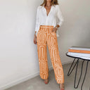 Women's Geo Print Two Piece Set – Long Sleeve Shirt Wide Leg Pants Office Outfit