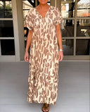 Women's Geometric Abstract Print Maxi – V Neck Short Sleeve Tiered Summer Dress