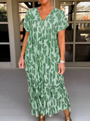Women's Geometric Abstract Print Maxi – V Neck Short Sleeve Tiered Summer Dress