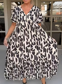 Women's Geometric Abstract Print Maxi – V Neck Short Sleeve Tiered Summer Dress