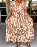 Women's Geometric Abstract Print Maxi – V Neck Short Sleeve Tiered Summer Dress