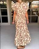Women's Geometric Abstract Print Maxi – V Neck Short Sleeve Tiered Summer Dress