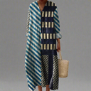 Women's Geometric Colorblock Stripe Midi – V Neck Long Sleeve Casual Dress