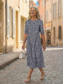 Women's Geometric Floral Print Midi – Boat Neck Elbow Sleeve Swing Summer Dress