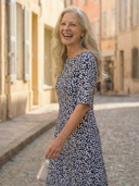 Women's Geometric Floral Print Midi – Boat Neck Elbow Sleeve Swing Summer Dress