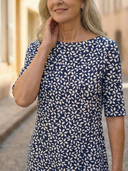 Women's Geometric Floral Print Midi – Boat Neck Elbow Sleeve Swing Summer Dress