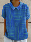 Women's Geometric Grid Stripe Print Top – Collared Short Sleeve Casual Everyday Shirt