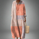 Women's Geometric Patchwork Print Midi – V Neck 3/4 Sleeve Casual Summer Dress