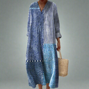 Women's Geometric Polka Dot Stripe Patchwork Midi – V Neck Long Sleeve Dress