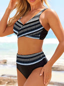 Women's Geometric Print Bikini Set – V Neck Crossover Top High Waist Swimsuit