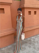 Women's Geometric Print Deep V Neck Halter Maxi Dress – Boho Vacation Guest