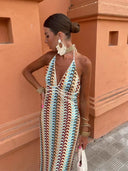 Women's Geometric Print Deep V Neck Halter Maxi Dress – Boho Vacation Guest