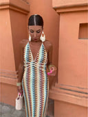 Women's Geometric Print Deep V Neck Halter Maxi Dress – Boho Vacation Guest