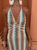 Women's Geometric Print Deep V Neck Halter Maxi Dress – Boho Vacation Guest