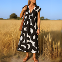 Women's Geometric Print Maxi Dress – V Neck Cap Sleeve Loose Summer Dress