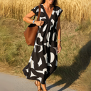 Women's Geometric Print Maxi Dress – V Neck Cap Sleeve Loose Summer Dress