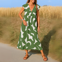 Women's Geometric Print Maxi Dress – V Neck Cap Sleeve Loose Summer Dress