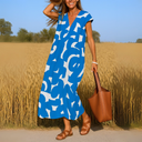 Women's Geometric Print Maxi Dress – V Neck Cap Sleeve Loose Summer Dress