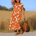 Women's Geometric Print Maxi Dress – V Neck Cap Sleeve Loose Summer Dress