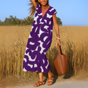 Women's Geometric Print Maxi Dress – V Neck Cap Sleeve Loose Summer Dress
