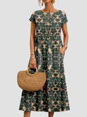 Women's Geometric Print Midi Dress – Round Neck Cap Sleeve Gathered Waist Pockets