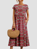 Women's Geometric Print Midi Dress – Round Neck Cap Sleeve Gathered Waist Pockets